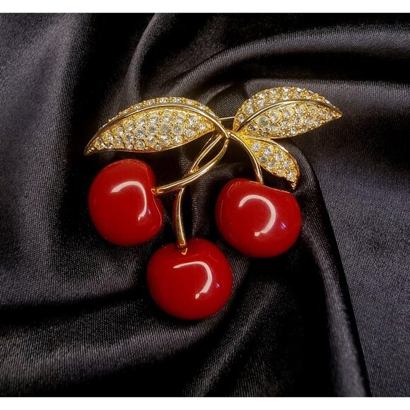 Jewelry - Vintage JOAN RIVERS Signed Red Cherries Lucite Rhinestones Leaves Brooch